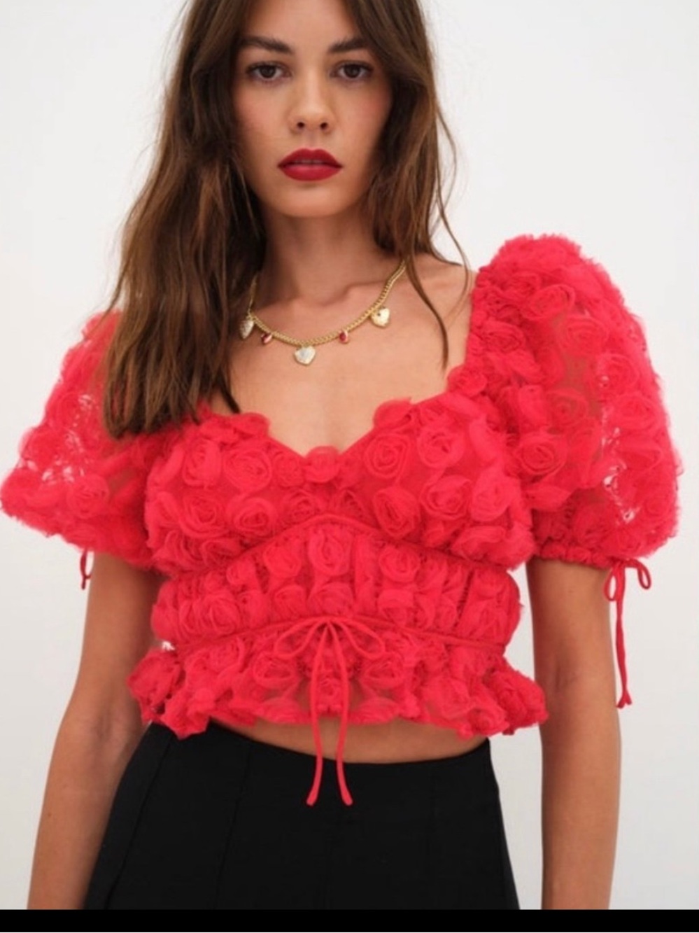 For Love & Lemons Red Rosette Puff-Sleeve Crop Top Hannah